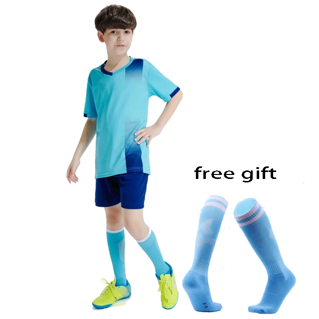 Детские футбольные майки для мальчиков и девочек; комплекты одежды для футбола с короткими рукавами; Детская Футбольная форма; спортивный костюм на заказ; Бесплатные Носки - Цвет: Sky blue