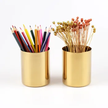 

Nordic Gold Plating Vase Brass Round Pen Holder Metal Flower Arrangement Storage Cup Home Decoration