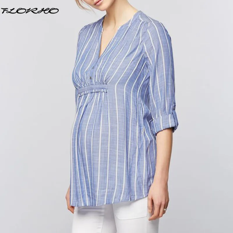 

Maternity Clothes 2018 Spring Summer Women Striped Shirts 3/4 Sleeve V Neck Blouses Casual Loose Splice Pregnancy Tops Plus Size