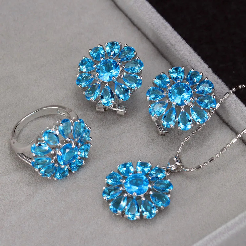 BeaQueen Африканский женский Цирконий Серебро 925 ювелирные изделия Большой Подсолнух CZ чернильный синий кристалл ожерелье серьги и кольцо наборы JS035 - Окраска металла: Light Blue