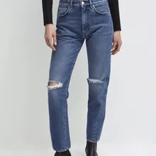 WISHBOP Темно-Синие оригинальные джинсовые рваные джинсы брюки до колен с отверстиями скрученный шов укороченные брюки женские высококачественные