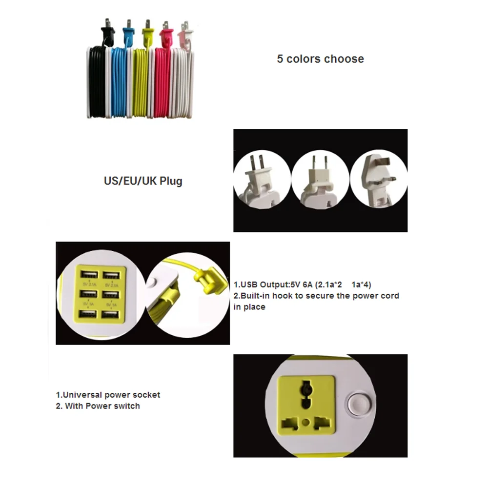Портативная сетевая лента, универсальная розетка, 6 портов, USB, настольное зарядное устройство для путешествий, станция для США/Великобритании/ЕС, штепсельная вилка с удлинителем 5 футов