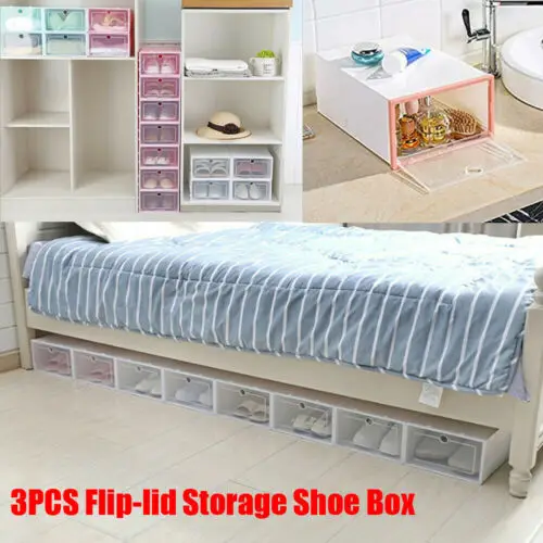 

3PCS Clear Stackable Plastic Ladies Shoe Storage Box Foldable Boxes Organiser