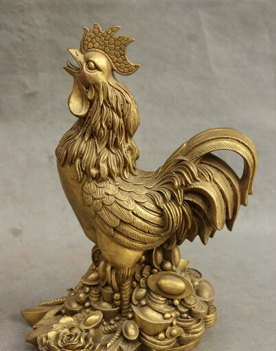 

xd 002892 10 Chinese Auspicious Pure Bronze Wealth Zodiac Cock Rooster Coin YuanBao Statue