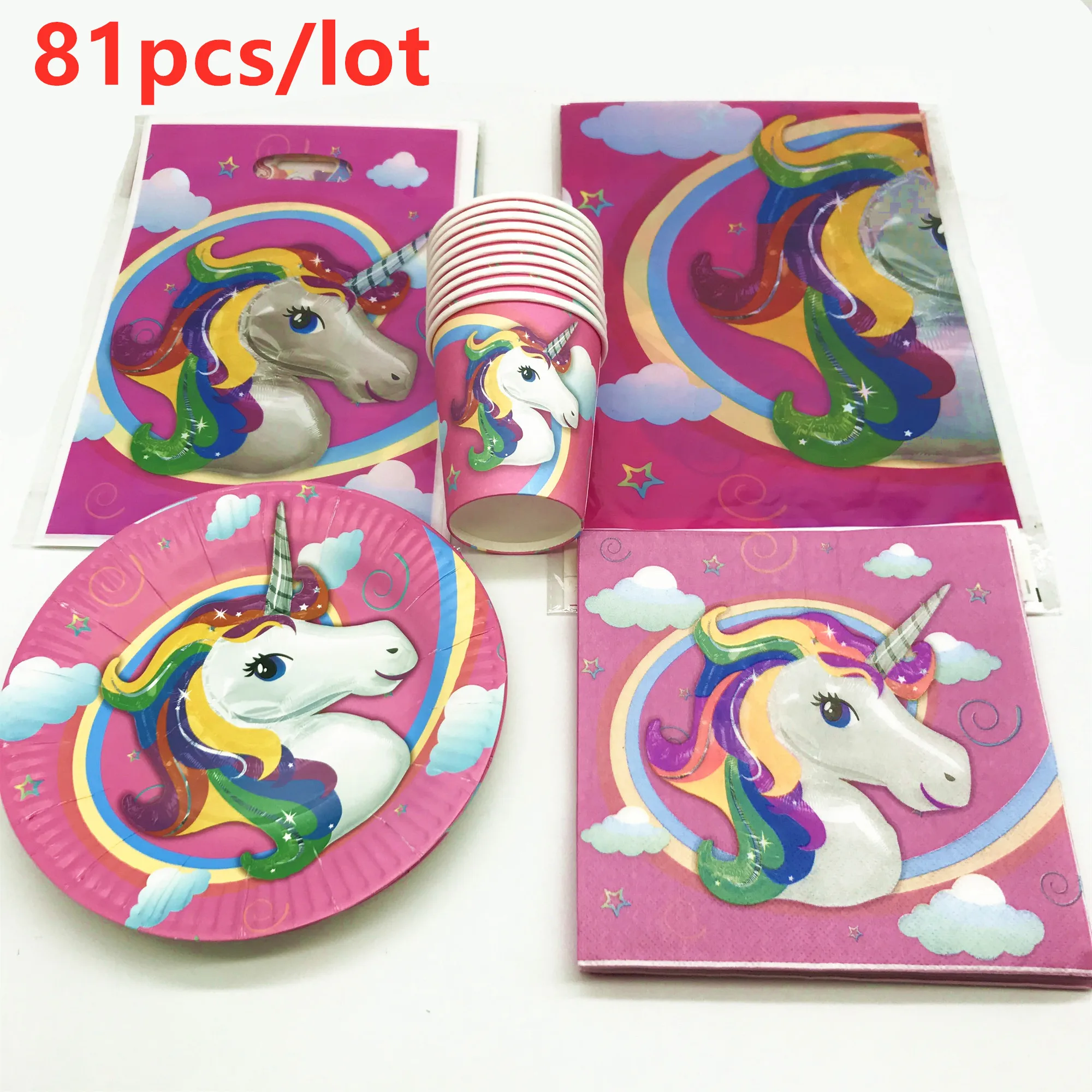 

81Pcs/lot Unicorn Theme Disposable Tableware Design Kids girls Birthday Party Paper Plates+Cups+Napkins+Candy Gift Bags Supplies