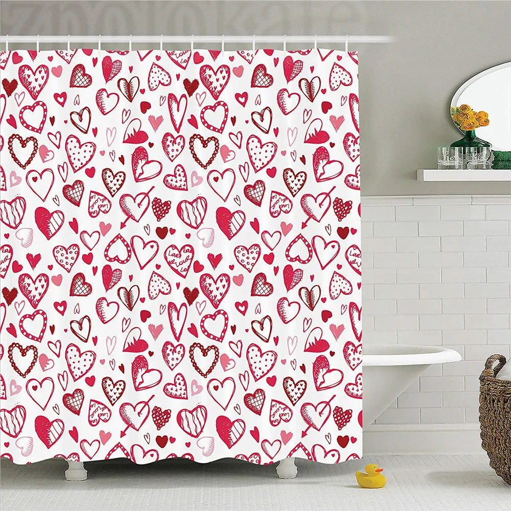 Love Decor Shower Curtain Set, Valentine Hearts Gatherings Engagement