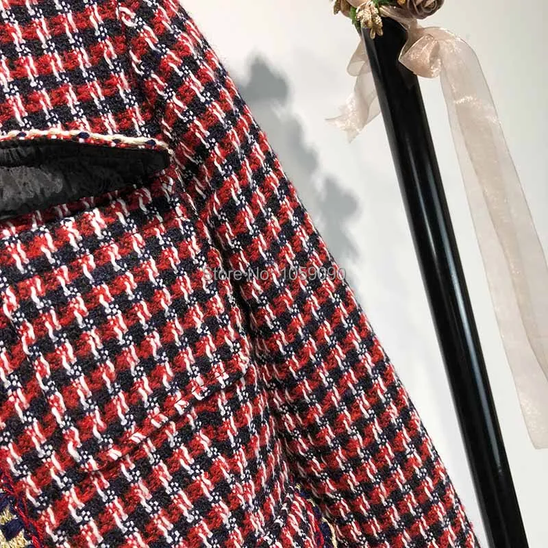 Manches Poches Nouveau Armure Avant Vérifié Rond Veste Rouge Quatre Longues Tweed 2018 Tuyauterie Femme Boutonné Col Mode Wishbop tqFv6n