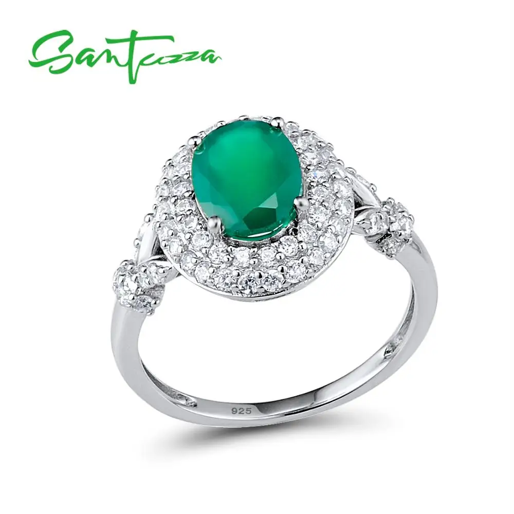 Кольца SANTUZZA для женщин, Настоящее серебро 925 пробы, Овальный зеленый халцедон, элегантное кольцо, модные вечерние ювелирные изделия