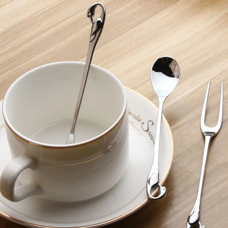 FHEAL Creative Kitchen Dining Bar Swan Dinnerware Spoons Forks Alloy Silver Coffee Spoon Two Teeth Fruit Dessert Forks Flatware (2)