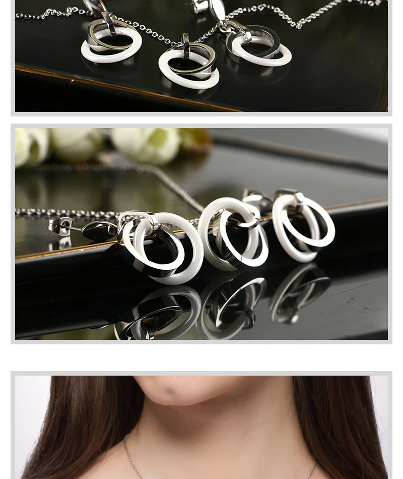 Простой дизайн, двойной круг, ювелирный набор, белый керамический стальной круг, висячие серьги, Трендовое ожерелье с подвеской, женские модные ювелирные изделия