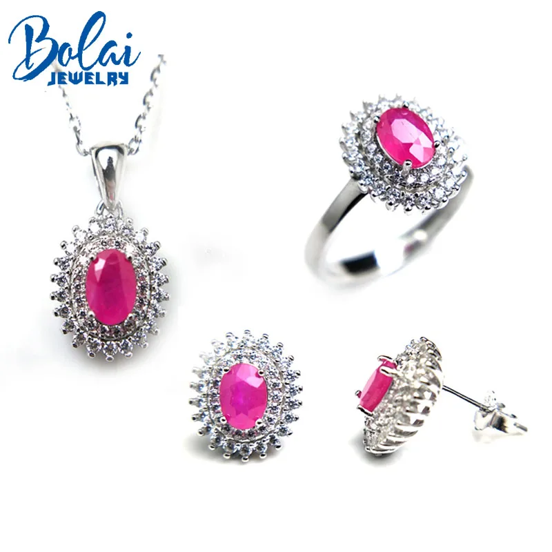 

Bolaijewelry,natural ruby pendant or necklace and ring or earring jewelry set 925 sterling silver for women elegant wedding gift