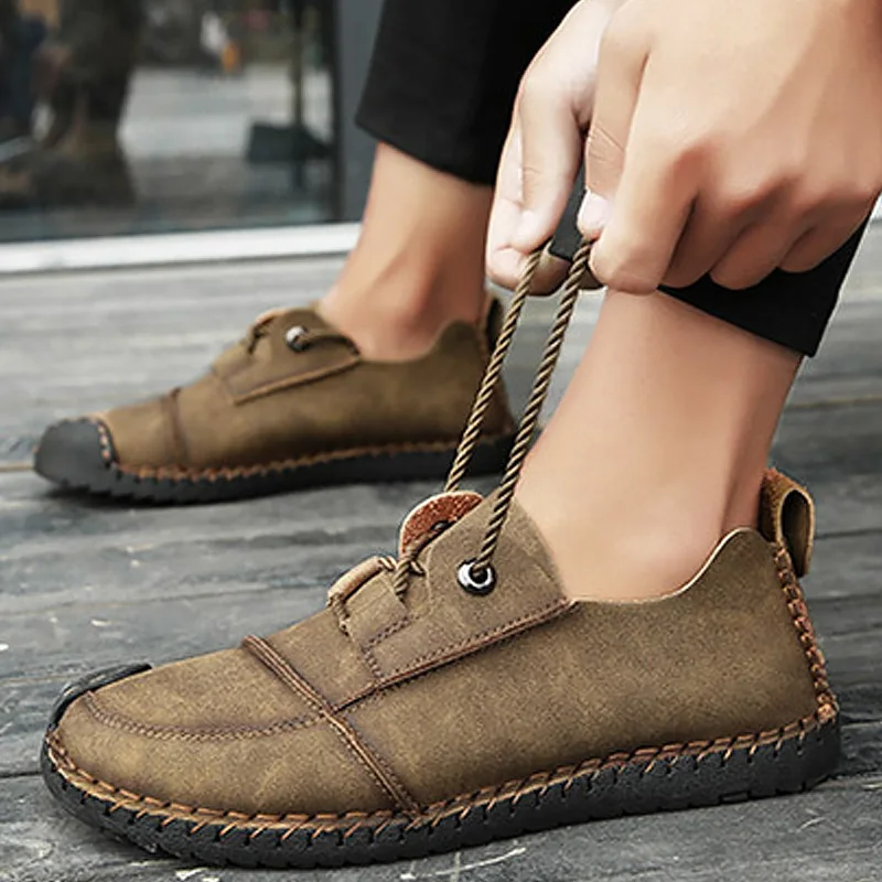 

Large Size 45-46 Men's Shoes From Genuine Leather Khaki Shoes Lace-Up Casual Man Shoes Fashion Sewing Driving Shoes For Men