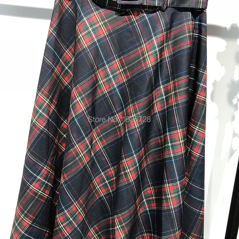 Осень Для женщин Высокая Талия проверьте A-Line Midi Skirt с соответствующими пряжки ремня-дамы Винтаж клетчатая юбка молнию сбоку