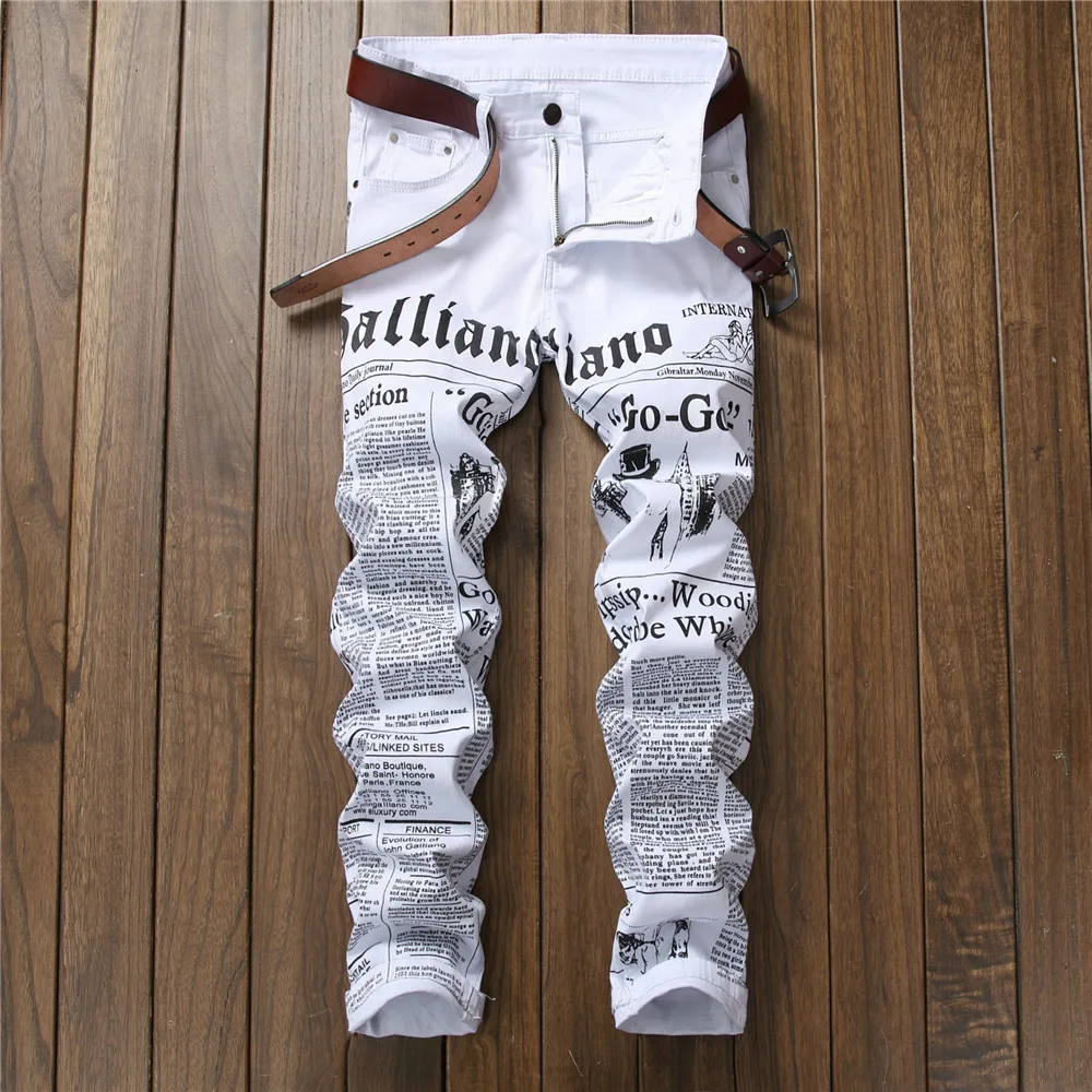 Buy Newspaper letter printed casual slim trousers men