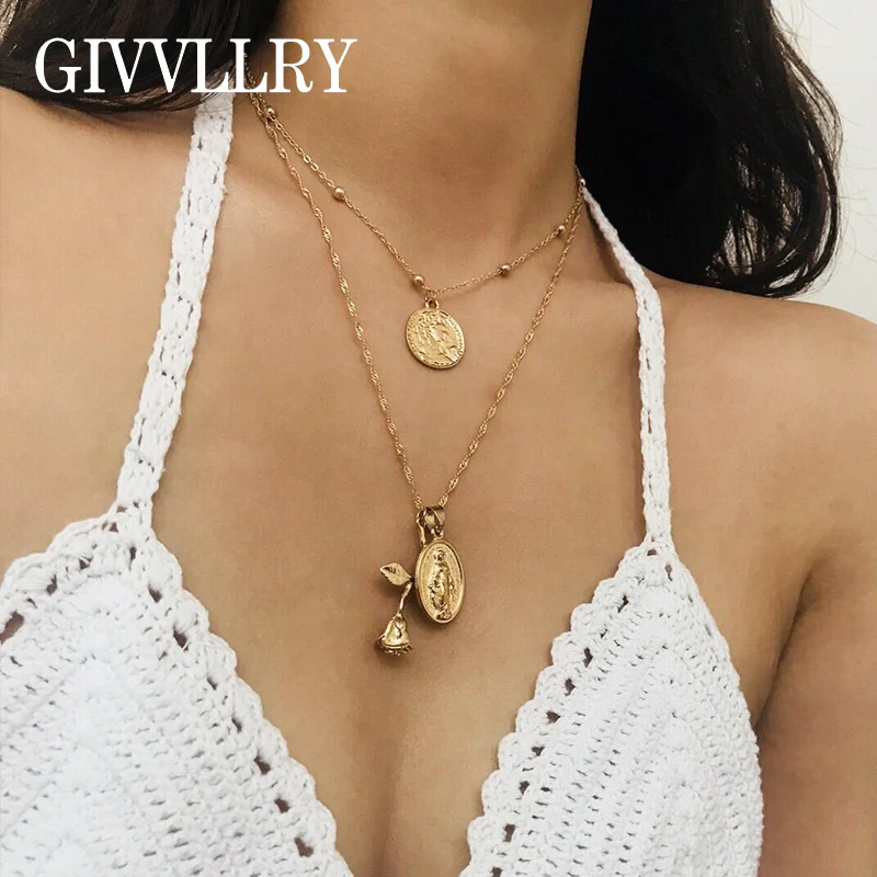 

GIVVLLRY Vintage Gold Color Layered Chain Necklace Elegant Rose Flower Ancient Coin Jesus Virgin Mary Pendant Necklace for Women
