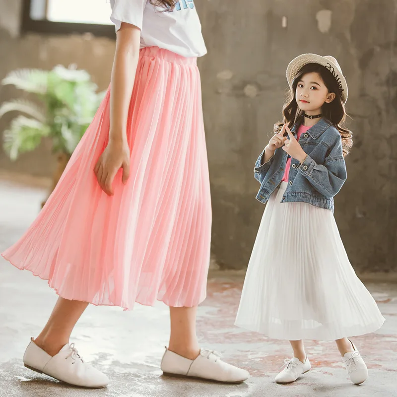 

Kids Skirts for Girls Chiffon Solid Pleated White Skirt for Teenage School Girl Summer Children Clothing Black/pink Long Skirts