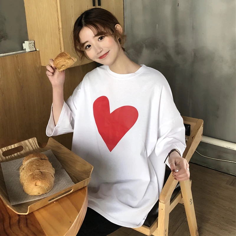 

Harajuku Love Print Summer Cute T Shirt for Women Female Red Casual T-Shirts 3/4 Sleeve O-neck Short Sleeve Clothes Kawaii White