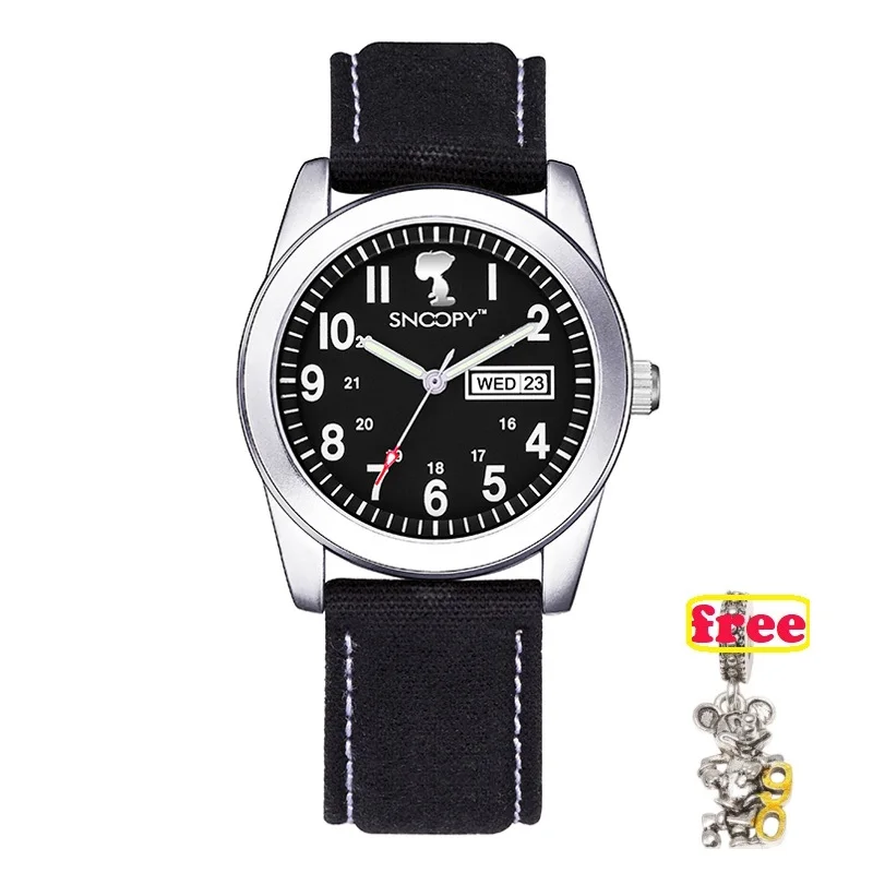 SNOOPY Лидирующий бренд военные часы мужские модные повседневные парусиновые кожаные детские спортивные кварцевые наручные часы Мужские часы Relogio Masculino - Цвет: black