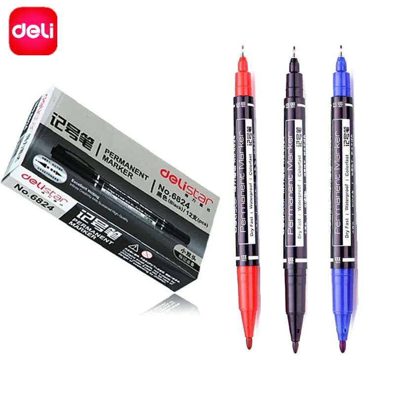 

Deli 3 PCS/set Double Headed Permanent Marker Pen Twin Tip Waterproof Oily Marker Pen Set ( Black, Blue, Red ) Ink, 0.5mm-1mm