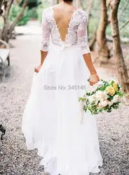 Старинные спинки кружева свадебные платья иллюзия три четверти рукав с аппликацией V шеи шифон пляж белый свадебные платья