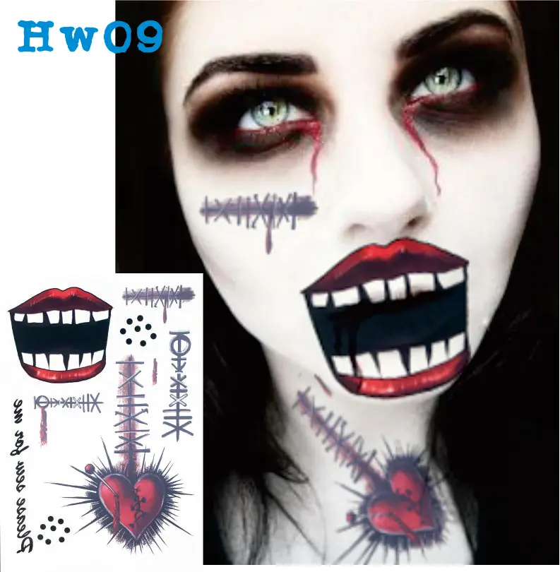 

#HW09 1 piece Horror Sewing Doll Big Mouth Scar Temporary Tattoo for Halloween Party ,Masquerade Inspired Body Sticker