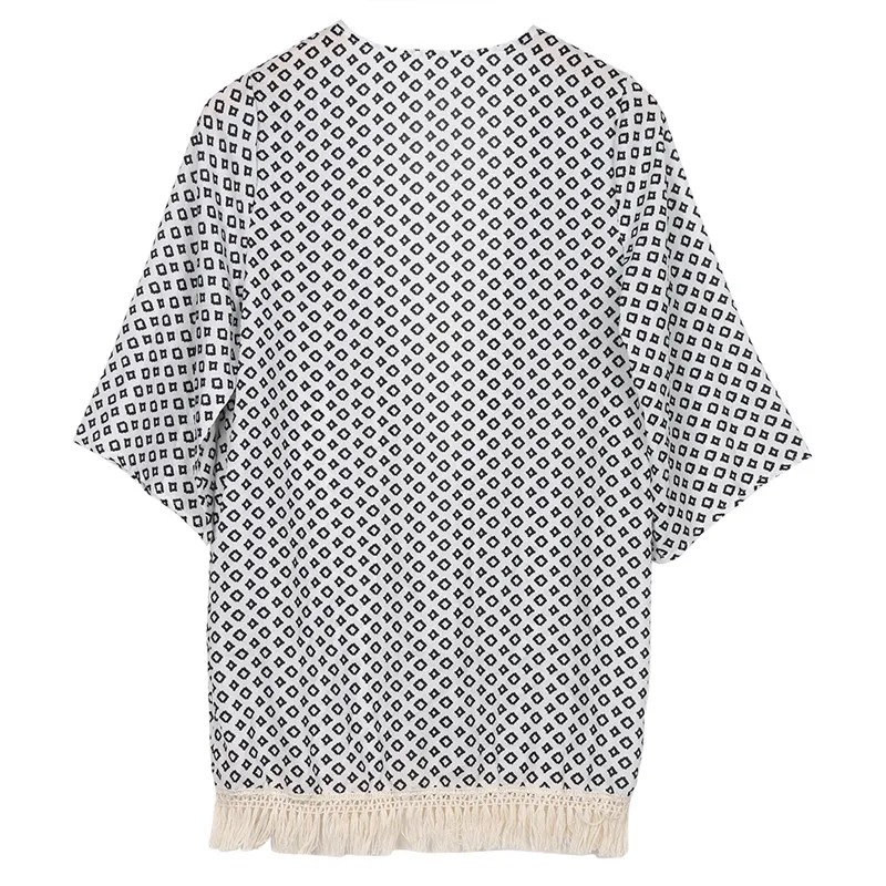 2016 New Design Vintage Women Mini Plaid Chiffon Blouses Lace Fringes Tassels Kimono Cardigan Blouse Tops