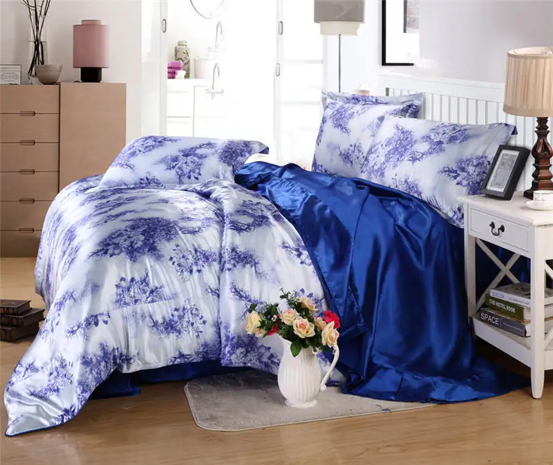 Lujo satén juegos de cama edredones edredón cubre colchas Twin full Queen King Size dormitorio decoración azul planta hogar para adultos - 1