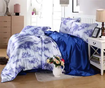 

luxury satin silk bedding sets comforters duvet covers bedspreads twin full queen king size bedroom decor blue plant Adult home