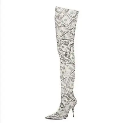 thigh high money print boots