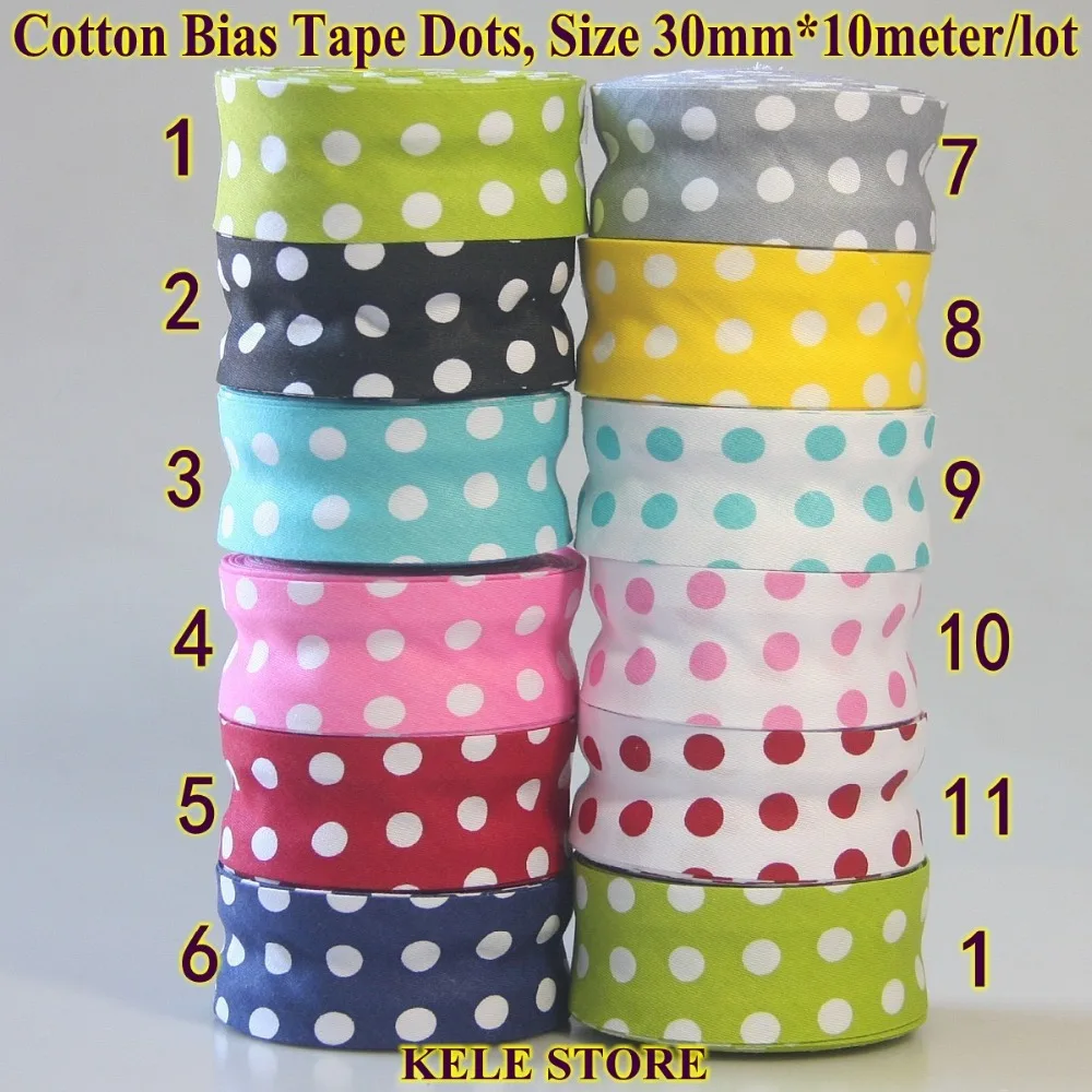 

Free shipment -100% Cotton Bias tape dots, size: 30mm,10meter Dots Bias binding fold tape, Printed big white spots DIY sewing