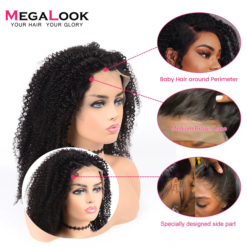 Megalook Jerry Curl парики из натуральных волос на кружеве с волосами для детей 13*4 натуральный цвет парик из натуральных волос 180% Плотность 12-34 дюймов