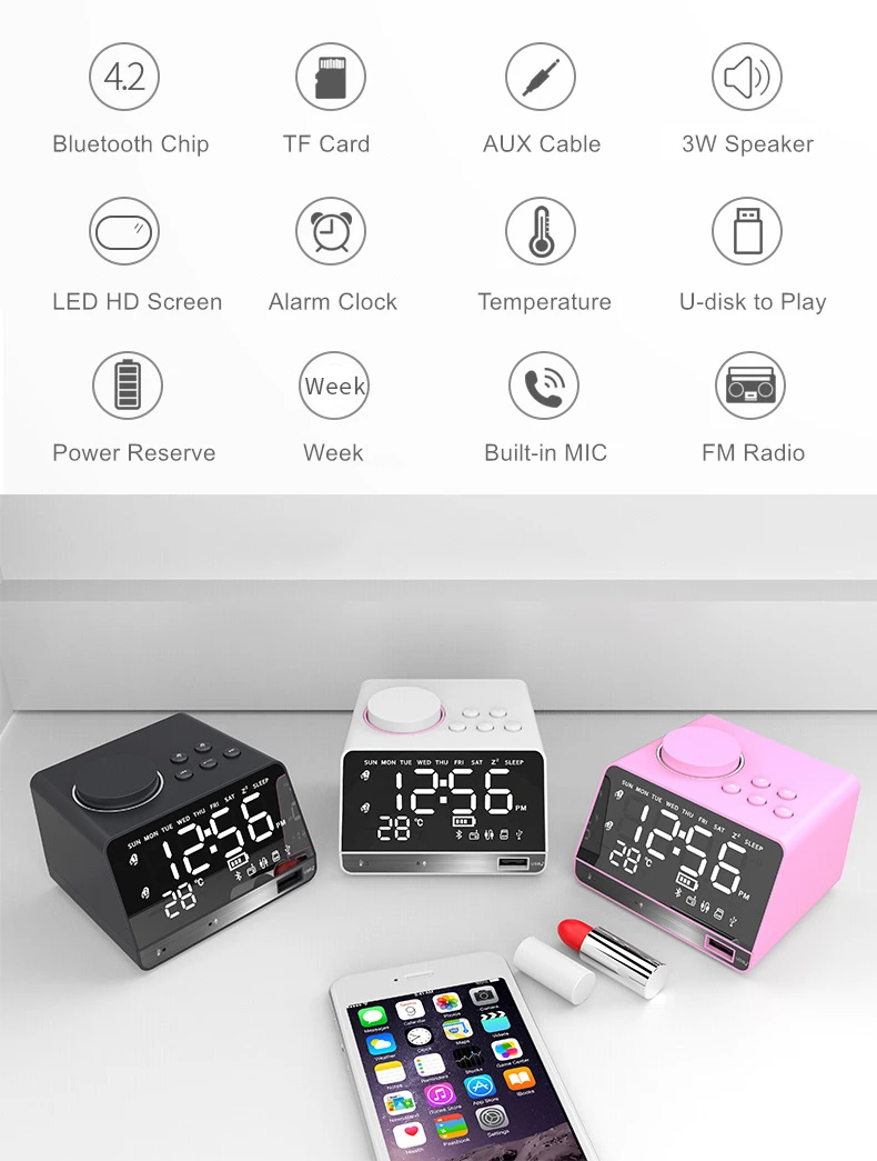EXRIZU будильник и Bluetooth динамик TF карта u-диск AUX цифровой зеркальный дисплей FM радио Бас Сабвуфер Звук беспроводной динамик s