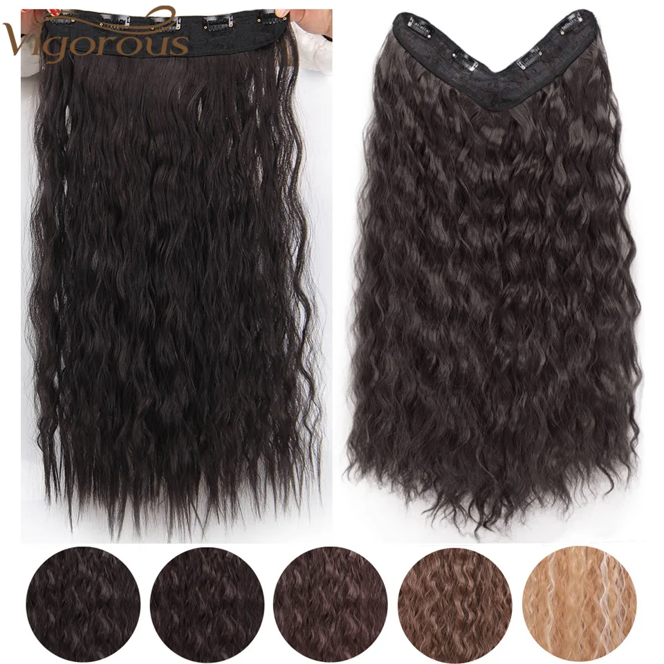 Vigorous 22 inches V-Part Clip in Hair Extension Water Wavy One Piece 3/4 Full Head Long Natural False Synthetic Hairpieces