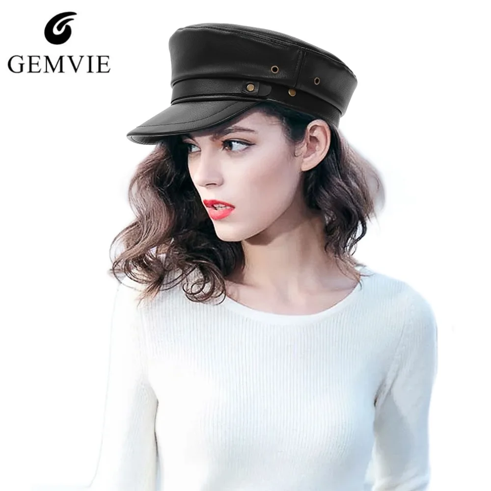 

Casual Hats Men Military Hat Women Newsboy Cap Vintage PU Leather Newsboy Hat Unisex Flat Top Berets Caps Peak Cap