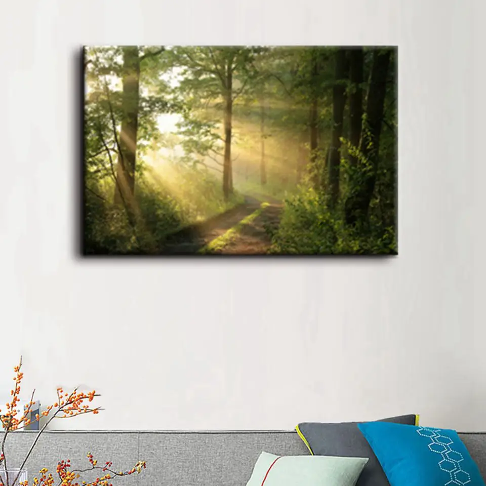 Gift-Dirt-Road-Deciduous-Forest-Green-Trees-Foggy-Morning-Spring-Landscape-Print-On-Canvas-Giclee-Artwork