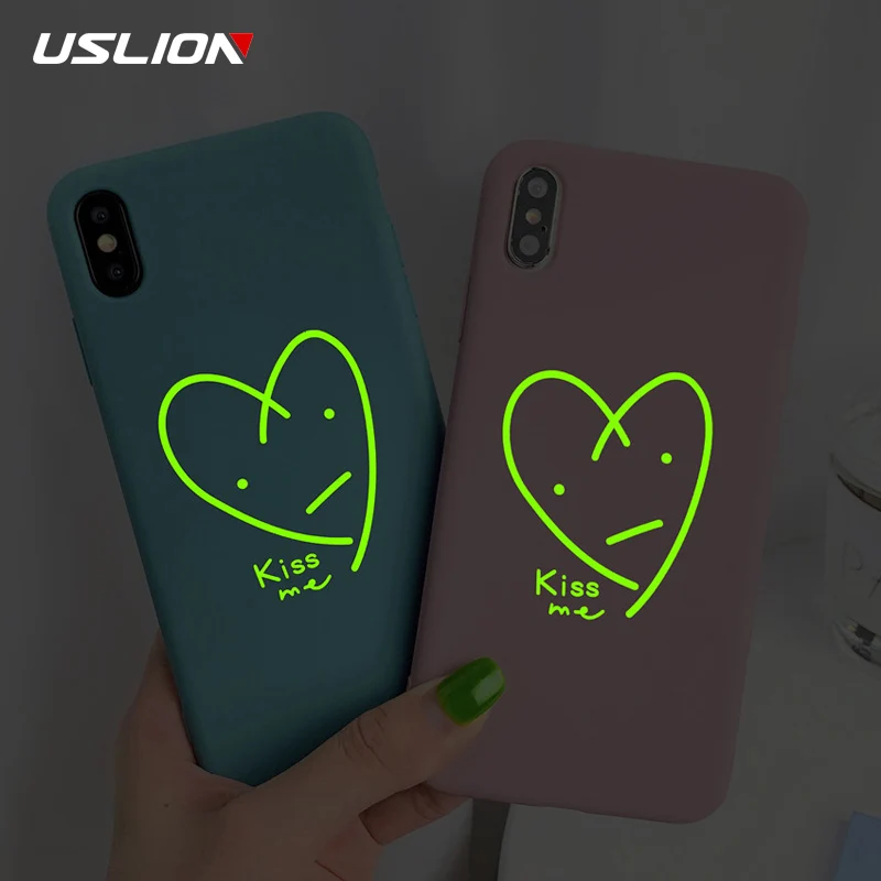 

USLION Phone Case For iPhone 6 6s 7 8 Plus Luminous Love Heart Simple Letter Soft TPU Back Cover For iPhone X XS XR Xs Max