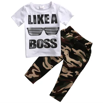 

2019 Fashion Summer Infant Baby Boy Clothes Letter Short Sleeve Tops T-shirt + Camouflage Pants 2pcs Outfits Set