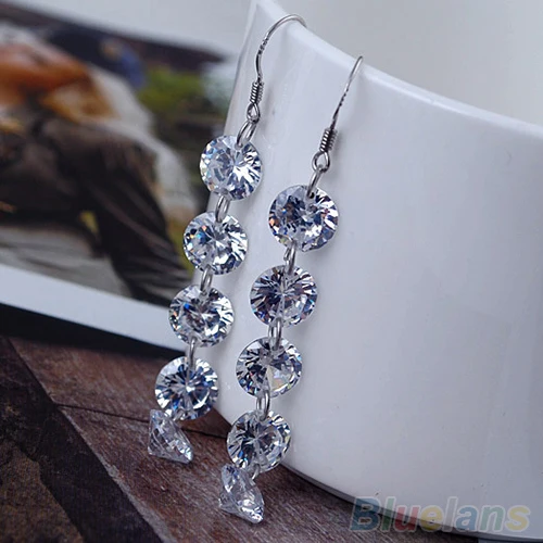 

New Women's Bridal Elegant 5 Rhinestones Zircon Long Tassels Hook Earrings Jewelry 1VEM 6P75