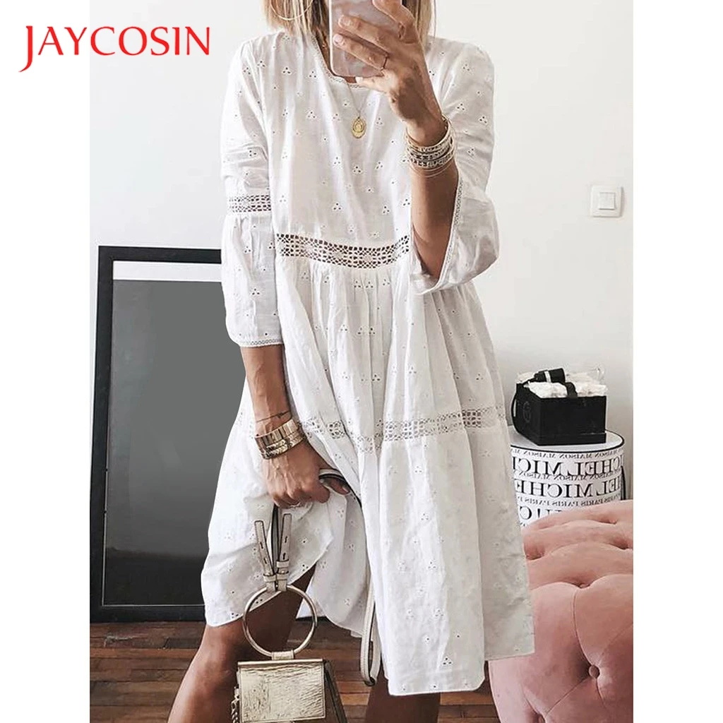 

JAYCOSIN Women Boho Solid Crew Neck Dresses Hollow Out Splice Seven Points Sleeve Mid-Long Dresses Pure Color Sexy Leisure 0709