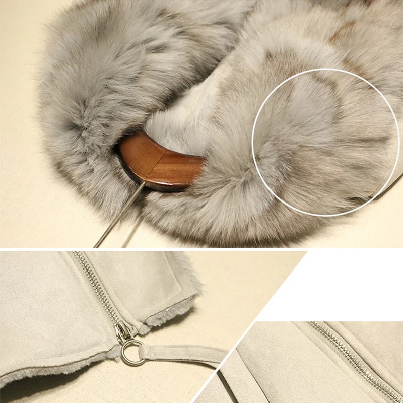 High quality 2018 New Autumn Winter Suede Leather Jacket Women Long sleeve Jacket Thick Real fox fur collar Warm Coat LF857