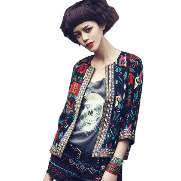 

Free Ostrich Autumn Jacket for Women Press Botanical Jacket Multicolor Collarless Open Stitch Long Sleeves Elegant Jacket