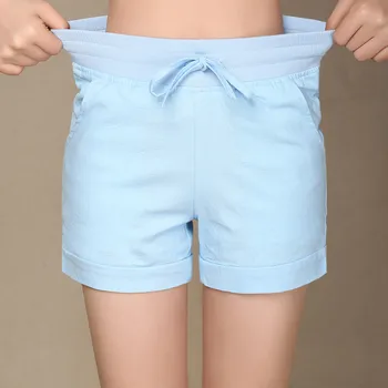 

Fashion candy color high waist shorts casual cotton linen breathable stretch ladies short feminino plus size women summer shorts