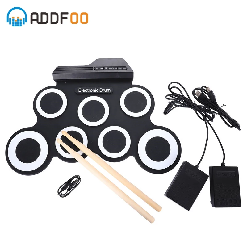 ADDFOO электронный барабан 7 подушечек портативный цифровой USB сворачивающийся складной силиконовый электронный набор барабанов с барабанными палочками ножной педали