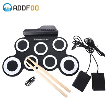 

ADDFOO Electronic Drum 7 Pads Portable Digital USB Roll up Foldable Silicone Electronic Drum Pad Kit With DrumSticks Foot Pedal
