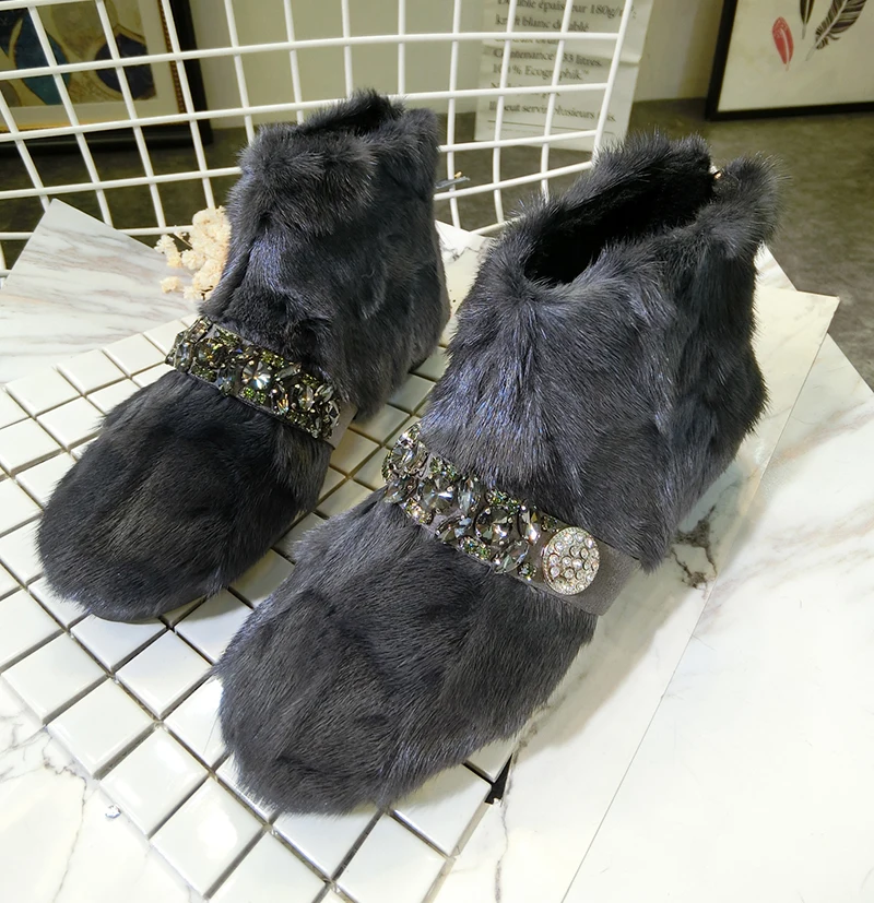Женские зимние ботинки с круглым носком, Теплые ботильоны на плоской подошве с мехом норки, женские ботинки с блестящими кристаллами, Botines Mujer,, меховые ботинки