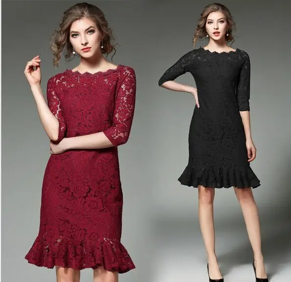 

2017 Spring Autumn High Quality Sexy Lace Dress Elegant Hollow Long Dresses Lace Fishtail Dress