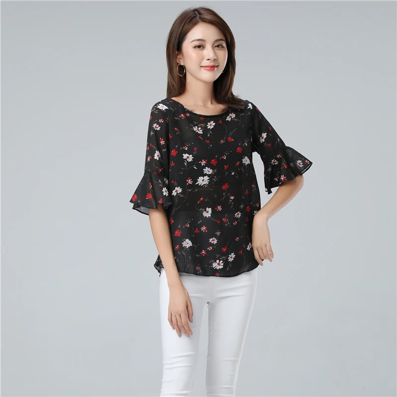 Banerdanni New Women product Flower Print Chiffon Blouse Summer Batwing sleeve Simple Blouse Plus Size 5XL Loose Female Top