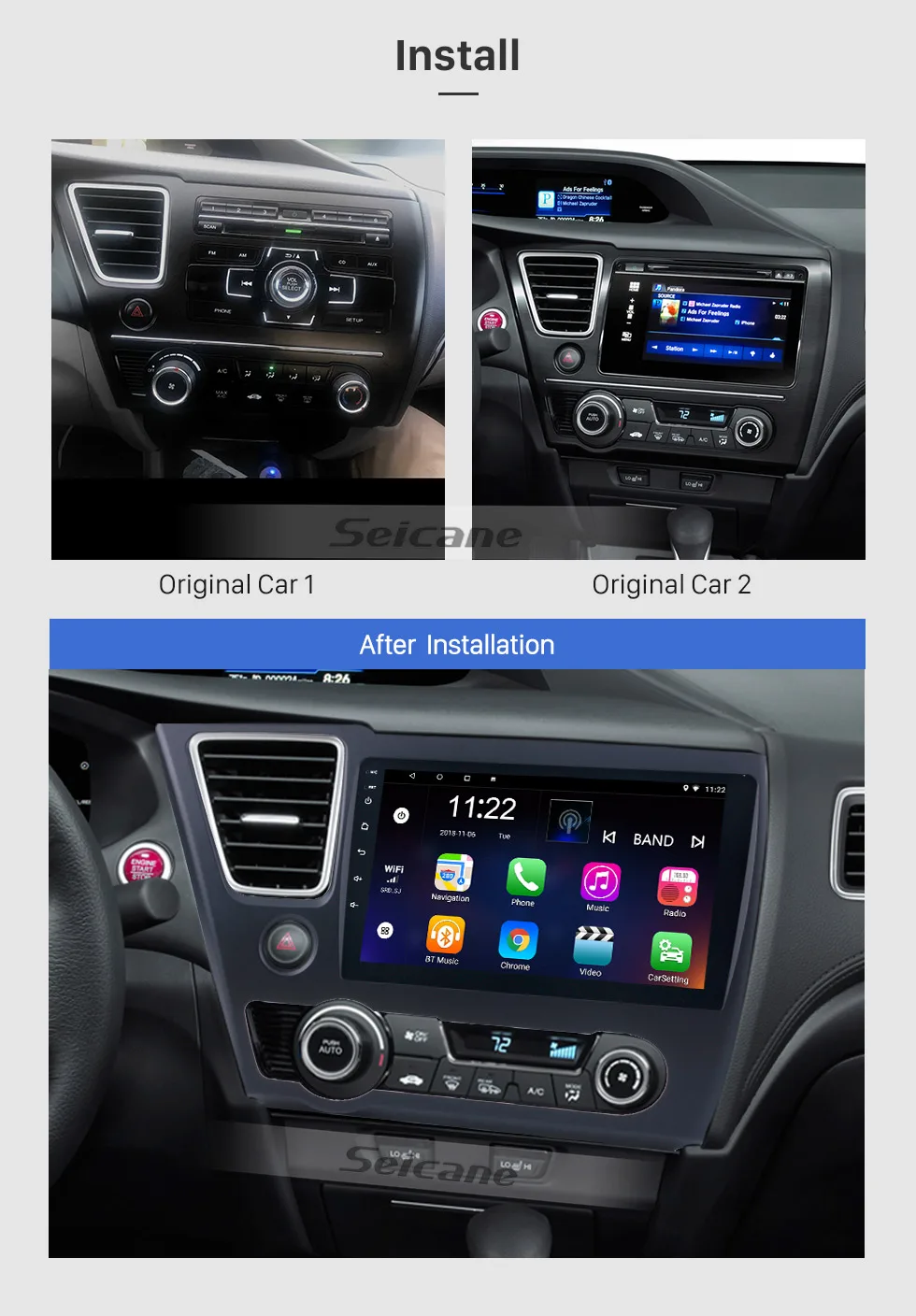 Seicane для HONDA CIVIC авто стерео блок мультимедиа " четырехъядерный Android 8,1 HD сенсорный экран gps навигация