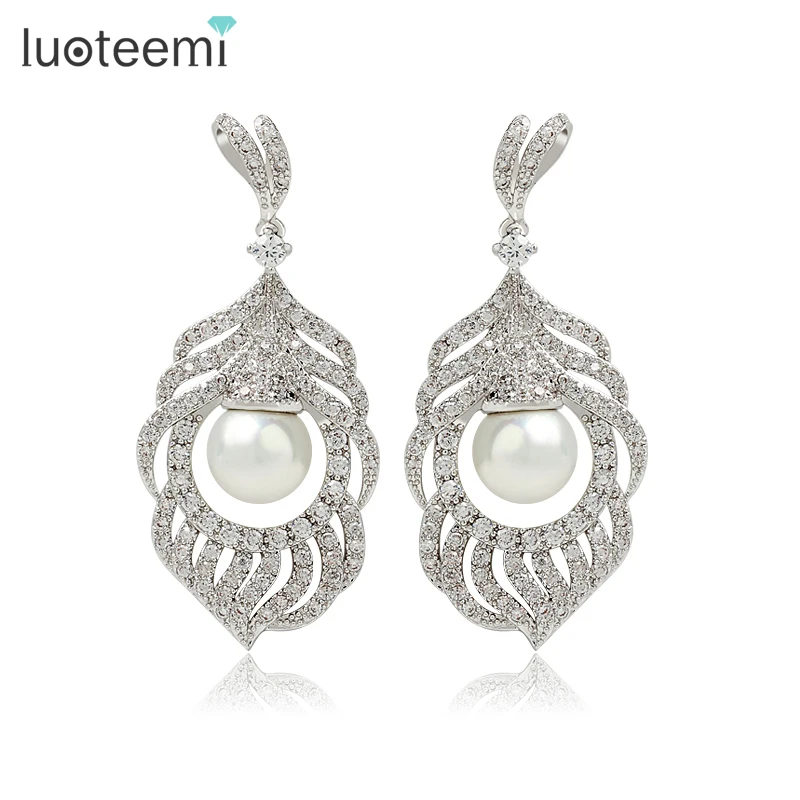 Роскошные Большие серьги-подвески LUOTEEMI с перьями фианитами класса ААА