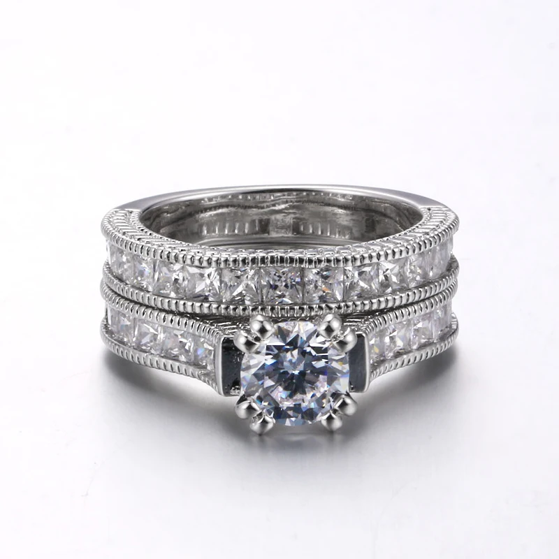 Double Fair New White Gold Color Wedding Ring Set For Women Fashion Jewelry Square Cut CZ Stone Around Rings For Finger DFDD023